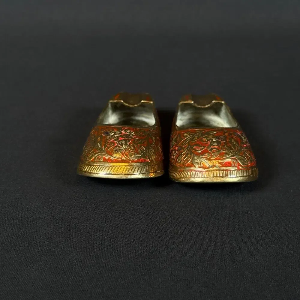 Lot of 2 Brass Slipper Ashtray Enamel Floral Design Cigarette Shoes India